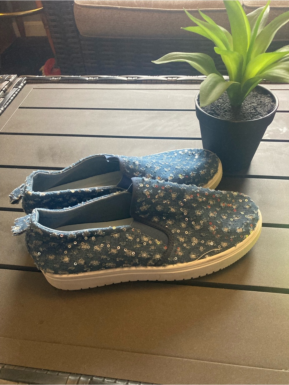 Kids Blue Sequin Slip-On Sneakers